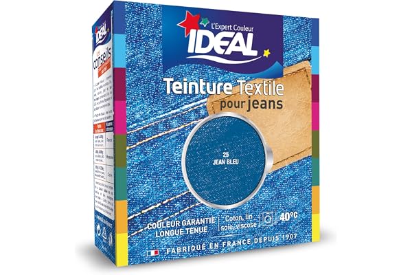 IDEAL - Teinture Tissus Liquide Maxi 25 Jean Bleu - 75 ml + 1 Dose de Fixateur 100 g - Teinture Textile Longue Tenue - Coton, Lin, Soie, Viscose - Efficace dès 40°C - Fabrication Française