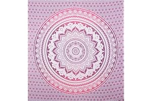 Bless International Indian Traditional Mandala Hippie Wall Hanging, Cotton Tapestry Ombre Bohemian Bedspread (Twin (54x72 Inches)(140x185 Cm), Pink/White)