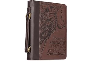 Christian Art Gifts Men's Classic Bible Cover The Lord is My Strength Lion Exodus 15:2, Brown Faux Leather, Large