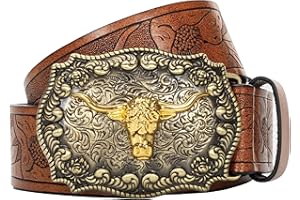 Eohak Mens-Western-Cowboy-Belt - Longhorn-Bull-Pattern-Buckle-Belt Floral-Engraved-Buckle-Belt