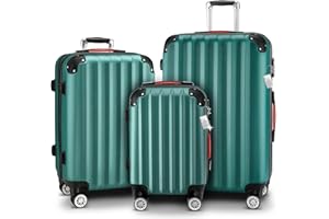 Monzana® 3tlg. Kofferset, Grün - M-L-XL - inkl. Schloss, Organizer & Kofferwaage - Gurt Gel-Griffe, Zwillingsrollen, Standfüße, Trolley, Reisekoffer, Hartschalenkoffer, Gepäck-Set, Trolley Set