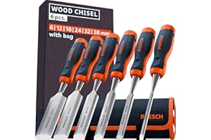 Presch Wood Chisel Set 6 pcs. incl. Bag (6, 12, 18, 24, 32 & 38mm) - Fully Polished for immediate use - for Professionals with a 25° Angle and Robust Metal Striking Cap