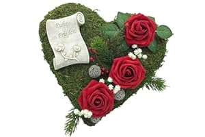 ‎RADAMI Grabgesteck Grabschmuck Grabaufleger Moosherz Grabherz Trauerherz Grab Herz Gesteck Rosen mit Schriftrolle Für Immer im Herzen (Rosen Rot)