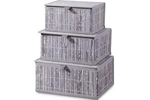 Honygebia Bambú Caja Almacenaje con Tapa - Set de 3 Cestos de Mimbre Decorativas con Forro, Almacenamiento Gris para el Hogar, Organizadoras de Estantes de Cocina y Baño (Grande/Mediana/Pequeña)