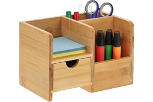 Relaxdays Schreibtisch Organizer, Schublade & Ablage, 2 Fächer, Bambus, Büro, Stiftehalter, HBT 14 x 20,5 x 13 cm, natur