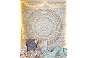raajsee Metallic Gold Tapestry Wall Hanging Mandala-Bohemian Dorm Decor Hippie Tapestries-Boho Bedding Golden bedspread yoga mat throw (White Gold Ombre, Queen (220 x 210 cms / 92 x 82 inches))