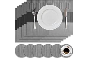 HEYOMART Placemats and Coasters Sets of 6, PVC Vinyl Table Mats Non-Slip Heat Resistant Washable Dinner Mats Place Mats for Kitchen Dining Table Home Restaurant, Grey & Black
