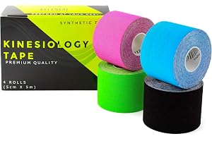 KALAHARI 4 rullar Professionell Kinesiologitejp + eBook med applikationer, Kinesiology Tape med hög vidhäftning, vatten- och svettresistent, Kinesio tejpning för sport och rehabilitering 5cm x 5m