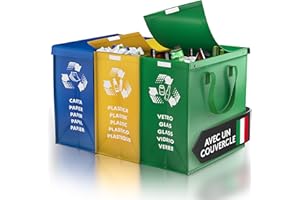 PTMS® Sac tri selectif avec Un Couvercle - Poubelle tri selectif 3 bac pour Le Verre, Le Papier et Le Plastique - Déchets et Recyclage Poubelle tri des déchets - Poubelle Cuisine Facile à Vider