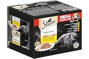 Sheba Selection in Sauce – najdelikatniejsza mokra karma dla kotów w skorupce – wariant drobiu z poulardem, kurczakiem, drobiem i indykiem – 32 x 85 g