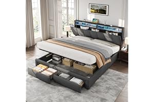 MYBOO 5ft King Size Ottoman Bed with Hydraulic Lift&Drawers&LED Adjustable Concealed Storage Headboard, Linen Functional Upholstered Bed Frame with Charging Station, Gas Lift Storage Bed, No Mattress, Grey