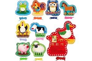 SPRITEGRU 9 Cartes à lacets pour enfants, 9 cartes de couture double face avec 9 lacets colorés représentant des animaux de ferme, jouets éducatifs et d'apprentissage pour les enfants d'âge préscolaire.