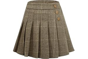 Maeau Jupe Plissée Courte à Carreaux/Couleur Unie en Tweed pour Fille Ecoliere, Mini Jupe Elastique Taille Chaude et Épaisse Automne Hiver Printemps, avec Short Intégré, École Tennis, 110-160cm