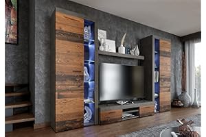 Furnix NEU Wohnwand RIVAY XL Mediawand Betonoptik Wohnzimmer 4-TLG Komplett-Set LED - TV Lowboard, Highboard Vitrine, Wandregal Freistehend - B300 x H190 x T 40,2 cm, Farbe Old Wood/Matera