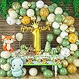 1st Birthday Decorations Set Boy, Sage Green Gold Wild One Birthday Balloon Decorations with Foil Number Balloons Banner Tablecloth, Jungle Safari Animals First Birthday Party Decorations for Kids