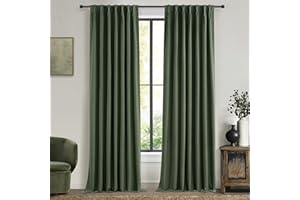 QJMYDECO Lush Decor 120 Inch/10ft Long Insulated Back Tab Pinch Pleated Curtains, Linen Olive Green Linen Blackout Window Drapes 2 Panels, Room Darkening Extra Long Tall Curtains for Living Room