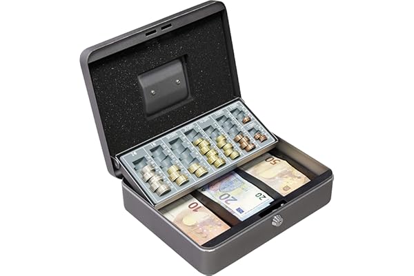 ARREGUI Cashier C9246-EUR Caisse à monnaie en acier monnayeur et billets à clé pour ranger et transporter l'argent | Coffre fort portatif 30 cm|Gris graphite