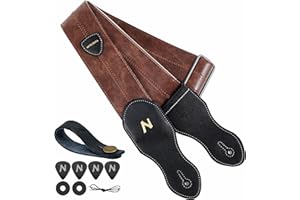 Nefelibata Sangle de guitare avec poche pour médiator, 5,8 cm, en cuir végétalien, style vintage des années 60 (marron)