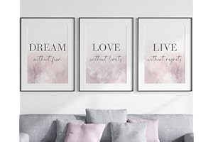 EVIEPOPS PRINTS Dream Love Live Quotes set of 3 Unframed Prints, Pink Purple Brushstroke Style, Home Decor Wall Art, Dream Without Fear, Love Without Limits, Live Without Regrets (A4)