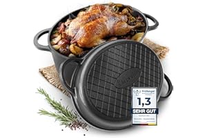 ‎FLAVEMOTION FLAVEMOTION Gusseisen Bräter mit Deckel als Grillpfanne (2in1) 35cm, 9,1L, 8,5kg - Gusseisen Topf, Schmortopf - Bräter & Grillpfanne Induktion kompatibel