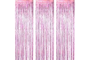 AILEXI 3 Pack 3ft*8ft Metallic Tinsel Curtains Foil Fringe Shimmer Streamers Curtain Door Window Decoration for Party Supplies - Pink