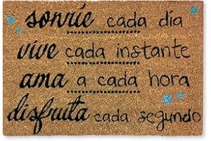 koko doormats Felpudo Entrada casa | Felpudo Original de Coco Natural “Sonríe. Vive, Ama” | Alfombra de Entrada Antideslizante para Exterior e Interior | 60x40 cm | Diseño Frase | Base PVC Segura