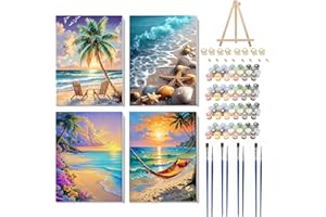 Hongyrjy 4 Pack Framed Paint by Numbers with Wooden Easel-Seaside Scenery Paint by Numbers for Adults,Landscape Paint by Numbers Adults Canvas for Gifts and Home Wall Decor 8x12inch