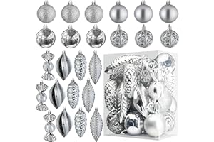 Prextex Bolas de Navidad Plateadas para Decoración Navideña – 24 Adornos Navidad Irrompibles con Anilla para Colgar – Decoración Navidad y Fiestas - Lote de Bolas en 8 Formas y Estilos