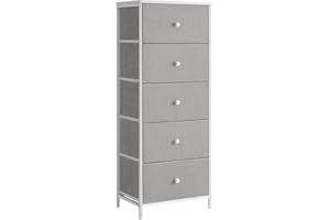 SONGMICS Chest of Drawers Bedroom, Drawer Storage Unit, Dresser with 5 Fabric Drawers, Metal Frame, Tall and Slim, for Closet, Dove Grey and Cream White LTS315G01