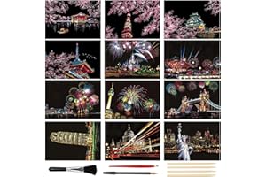 KOUHA Kratzbilder Feuerwerk und Kirschblüten Scratch Paper Magic Scratch Art Papier und Stift Set Nachtansicht Rubbelbrett Kratzpapier Kratzbilder Erwachsene & Kinder Diy Scratch Painting Set