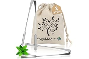‎YOGAMEDIC YogaMedic Zungenreiniger 2 Stück 100% Edelstahl- Handgefertigt, Ayurveda Zungenschaber gegen Mundgeruch- Zungenspachtel mit Travel Case aus 100% Baumwoll, Schaber für Zungen, Zungenpflege Reiniger Set
