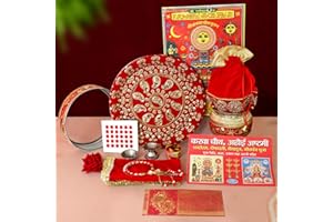 TIED RIBBONS Karwa Chauth Pooja Thali Set for Karwachauth Puja Combo (Puja Thali, Channi, Lota, Bindi, Book, Shagun Envelope with Pooja Accessories) Karva Chauth Gifts Items, D002