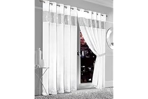 Olivia Rocco Dim Out Blackout Eyelet Curtains With Tie Backs Black Out 50% Thermal Ring Top Curtain Pair Window Dressing, 66" (Width) x 54" (Drop) White