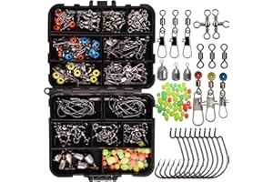 JSHANMEI 160stk/box Angelzubehör Box Kit, inkl.Angeln Haken, Bullet Bass Werfen Sinker Gewichte, verschiedene Angeln Wirbel Snaps, Sinker Slides, Angelleine Perlen, Angelausrüstung Set mit Angehen Box
