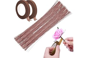 Woohome Herramientas Arreglo Floral Set, Alambre de Tallo Alambre Floral 23.5 Pulgadas Alambre de Calibre 26 (0,5 mm) 200 Piezas y 2 Rollos Marrón Cinta de Ramo Autoadhesiva