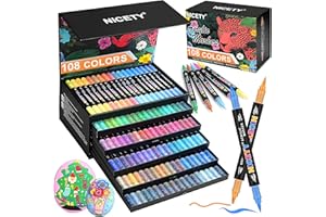 NICETY 108 Couleurs Feutres Acryliques – Marqueurs Double Pointe 1mm Fine & 1–5mm Pinceau pour Pierre, Bois, Verre, Céramique – Stylos Acryliques à Base d’Eau pour Artistes