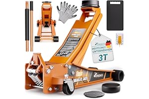 TRESKO® Wagenheber hydraulisch 3T Hubhöhe 75-510mm | Hydraulik KFZ Rangierwagenheber flach mit Doppelkolben & 360° Rollen | Heber inkl. 2X Gummiauflage, Schutzmatte, Handschuhe & Profilmesser