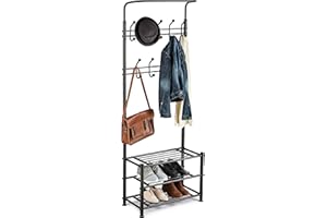 Direct Online Houseware House of Home Coat Rack Multi-Functional Black Steel| Free Standing Hall Shoe Storage Stand | Durable, Space-Saving Design with 18 Hooks and Shoe Bench for Hallway