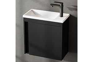 ‎PLANETMÖBEL Planetmöbel Badmöbel Set 2-teilig Waschbecken mit Unterschrank 50 x 48,3 x 24,8 cm schwarz matt, Waschbeckenunterschrank mit Einsatz-Waschbecken weiß