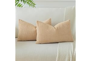 JOTOM Set of 2 Soft Corduroy Striped Cushion Covers 30x50 cm Boho Decorative Throw Pillow Covers Lumbar Cushion Case Couch Home Decor Pillowcases for Sofa Bedroom 12x20 Inch (Light Brown)