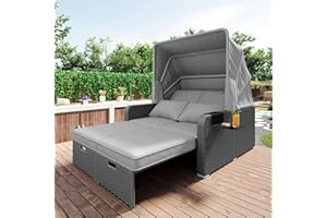 Gegtuon Gartenmöbel Gartensofa Lounge Set in Rattan für Garten für 2 Personen, Outdoor Sofa Gartenlounge Couch für Balkon mit Klappbar Dach und Liegefunktion, Inklusive Kissen und Sitzkissen (Grau)
