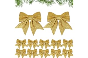 COLOFALLA 12pcs Lazos Dorados para Árbol de Navidad 15cm con Purpurina Decoración Navidad Adornos Navideños