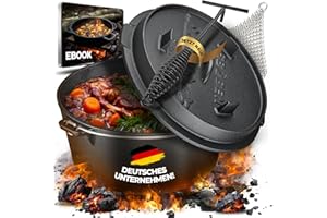BBQ BEN eingebranntes Dutch Oven Set 9 Liter - Schmortopf aus massiven Gusseisen - Feuertopf mit Füßen - inkl. Tasche, Ringreiniger, Deckelheber und eBook.