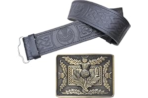 KILT MANIA Leather Kilt Belt and Buckle Set, Scottish Thistle Embossed Belt with Silver Antique Celtic Knot Buckles Crafted Pewter – Kilt Belts For Men