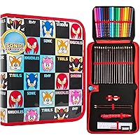 VARZI Federmäppchen 3-fach Für Sonic Fans – Komplett Mit 45 Stiften, Schere, Kleber & Mehr (20x12x7 Cm, Rot/blau)