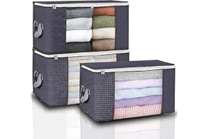 GVTECH Clothes Storage Bag Organizer, [3 Pack] Large Capacity Reinforced Handle Thick Fabric for Comforters, Blankets, Bedding, Duvet, Foldable & Sturdy Zipper, Clear Window, Under Bed Storage (Grey)