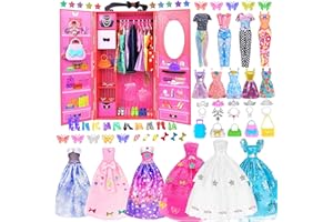 EBUDDY Doll Closet Wardrobe 146PC Clothes and Accessories for 11.5 inch Doll Fashion Design Kit Girl Doll Dress Up Including Long Princess Dress Outfits Shoes Hangers Bags Necklaces Stickers (No Doll)