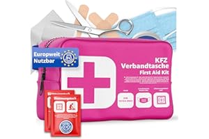 AUTOGADGET Trousse de premiers secours automobile norme 2026 avec chiffons respiratoires – trousse de secours voiture – DIN13164:2022 – kit de premiers secours – trousse médicale (rose)
