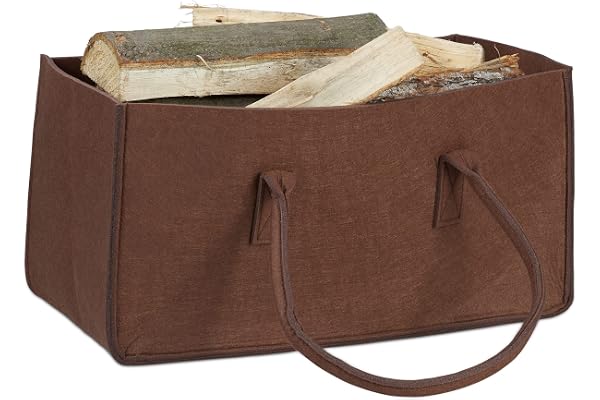 Relaxdays Panier à bûches de bois en feutre 2 poignées, pliable, porte-revues HxlxP: 25 x 25 x 50 cm, marron