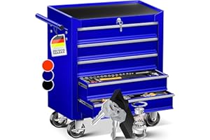 Masko® Carrello da officina - 5 Scomparti - Blu | Chiudibile a chiave | Metallo massiccio | Carrello mobile per attrezzi senza utensili | Carrello da officina professionale senza assortimento